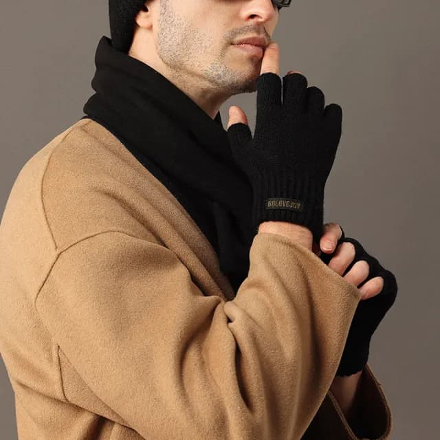 【TLYS-J】男士針織半指款手套 機車防風觸屏手套 露指手套 打字手套 保暖手套 防風手套 登山手套(交換禮物)