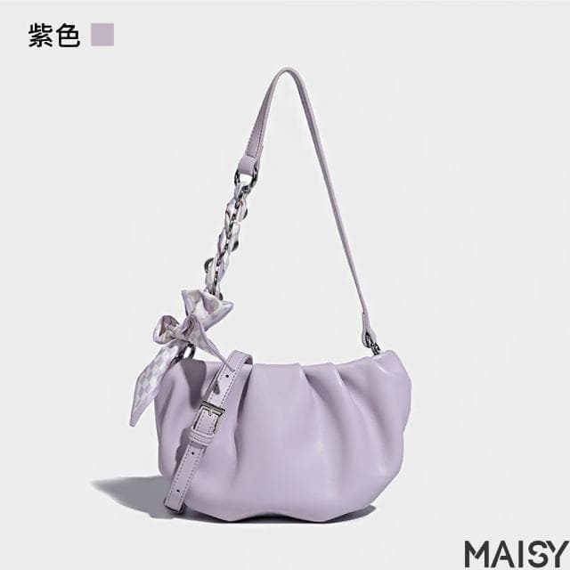【MAISY】清新時尚絲巾鍊條雲朵包 肩背包 手提包 斜背包(黑色／米色／紫色／黃色)