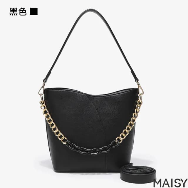 【MAISY】情人節禮物 質感典雅純色大容量鍊條水桶包 肩背包 斜背包(黑色／米色／紅色)