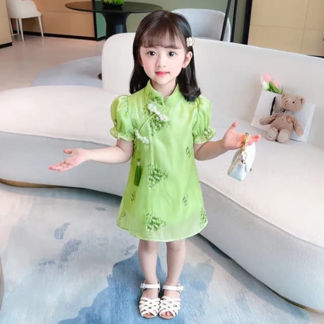 【橘魔法】珍珠盤扣光澤紗質旗袍(短袖 連身洋裝 連衣裙 連身裙 女童 兒童 童裝)