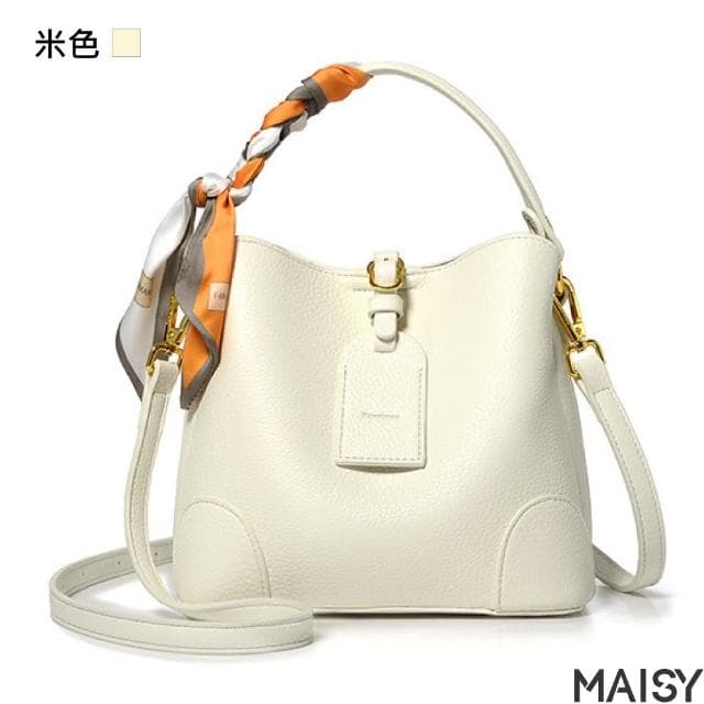 【MAISY】母親節禮物 優雅女士百搭絲巾水桶包(現+預 黑色／米色／卡其色)