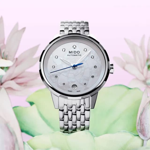 【MIDO 美度】官方授權 Rainflower 花雨系列 珍珠貝真鑽機械女錶-34mm 手錶 禮物 推薦(M0432071110600)