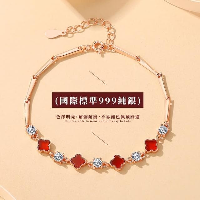 【勇氣之石】S999純銀紅瑪瑙幸運草手鍊(開運飾品 紅色 四葉草 生日禮物 手鐲 手鏈 女生 上班族 交換禮物)