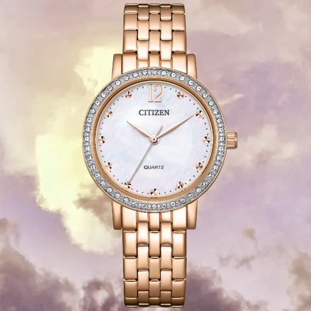 【CITIZEN 星辰】LADYS系列 白蝶貝 時尚水晶腕錶 七夕 情人節 送禮 推薦(EL3108-53D)