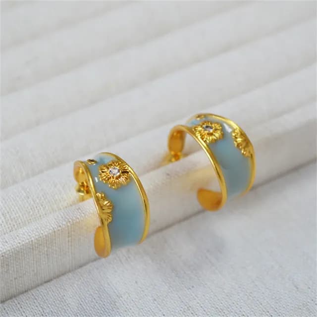 【MoonDy】雙11 C型耳環 法式耳環 珐琅耳環 花朵耳環 耳圈 復古耳環 耳飾 手工耳環 純銀耳還 藍