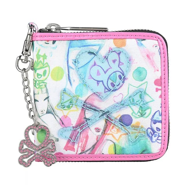 【TOKIDOKI】情人節禮物 TOKIDOKI 藍色透明LOGO日系塗鴉圖案尼龍對折拉鍊短夾(粉紅x彩)