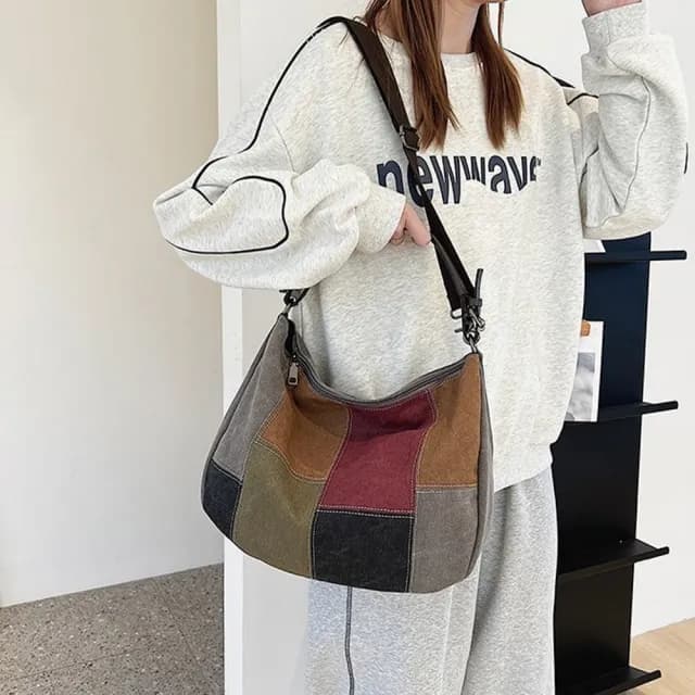 【LEESA】情人節禮物 帆布包\撞色包包\新款\包包女\斜背包\手提包\時尚\單肩包\斜挎包\女士包包\大容量\斜 
