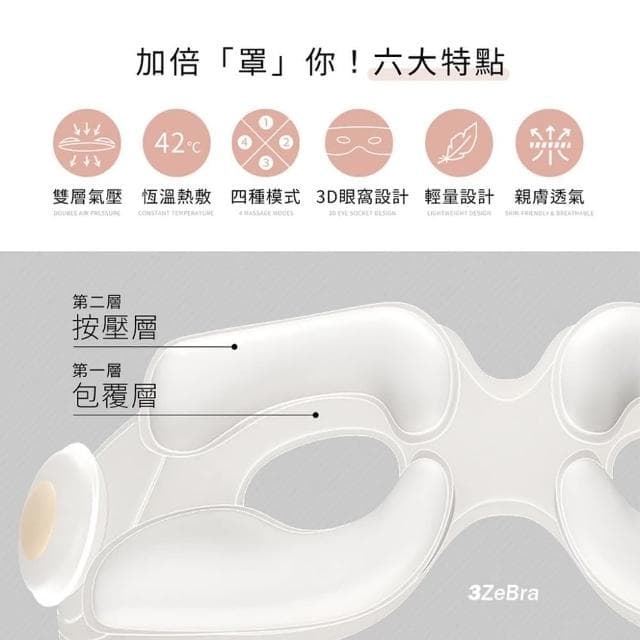 【3ZeBra 三隻斑馬】雙層氣壓深度按摩眼罩 G05-24(無線熱敷眼部按摩器 熱敷眼罩 母親節禮物)