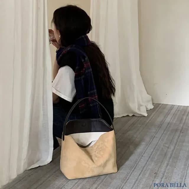 【Porabella】秋冬簡約休閒款 絨面復古拼接手提包單肩包 ins風 送女友 情人節禮物首選 Bags