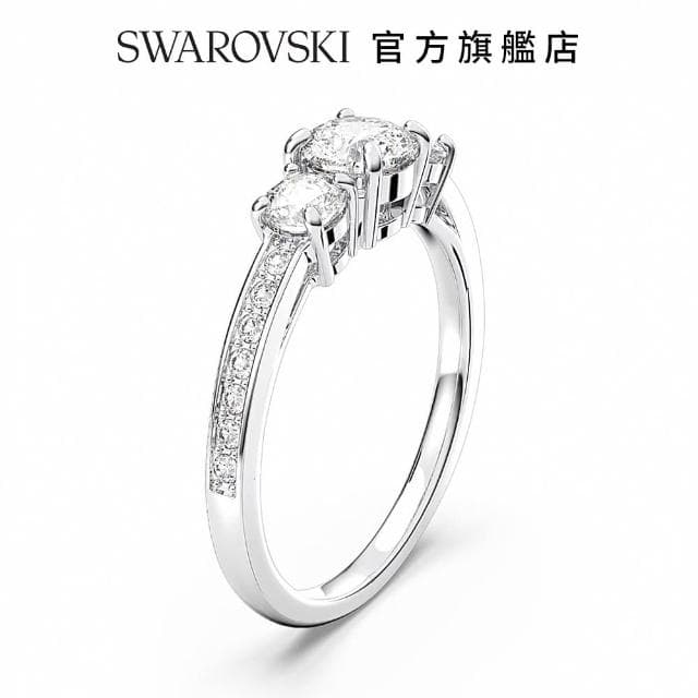 【SWAROVSKI 官方直營】Attract Trilogy 戒指 圓形切割  白色  鍍白金色  母親節禮物