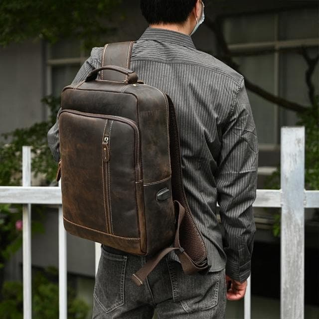【MoonDy】母親節禮物 牛皮後背包 電腦後背包 15寸電腦包 大容量後背包 真皮雙肩包 復古牛皮書包 寬肩帶背