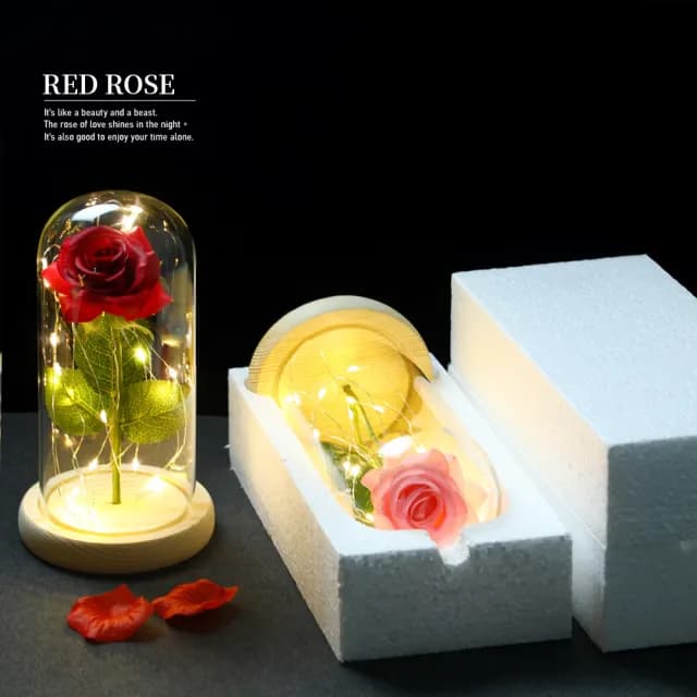 LED 玻璃罩仿真玫瑰花夜燈禮盒組(假花 塑膠花 永生花 小夜燈 氛圍燈 情人節 生日禮物 母親節禮物 交換禮物)