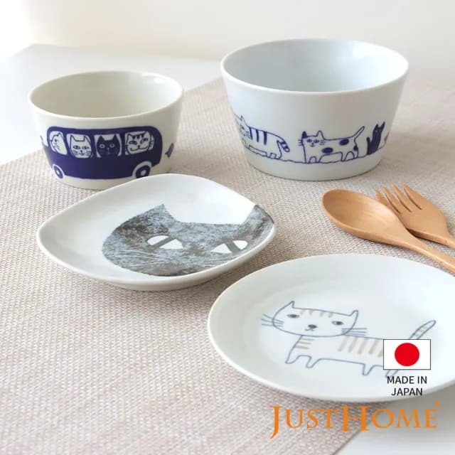 【Just Home】日本製手繪感貓咪陶瓷6件碗盤餐具組-3款組合可選(碗 盤 杯 碟 缽)