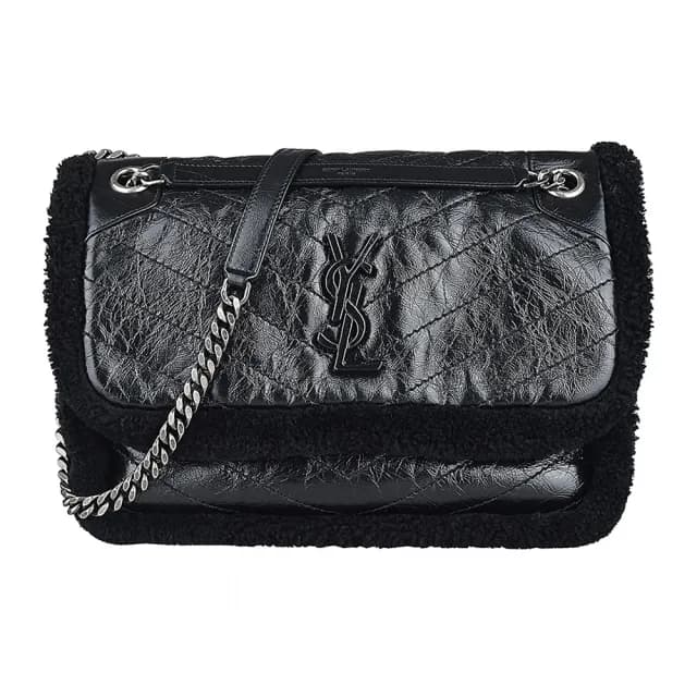 【YSL】YSL SAINT LAURENT NIKI 字母LOGO翻蓋釦式皺褶V紋小羊皮拼絨毛肩背斜背郵差包(黑)