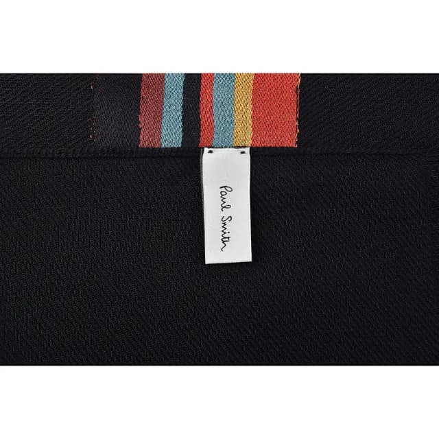 【Paul Smith】PAUL SMITH中間彩色條紋標籤LOGO流蘇設計羊毛混紡圍巾(黑x彩色條紋)