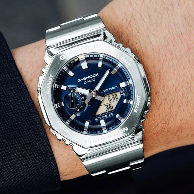 【CASIO 卡西歐】G-SHOCK 全金屬八角防護構造雙顯錶 情人節 禮物(GM-2110D-2B/速)