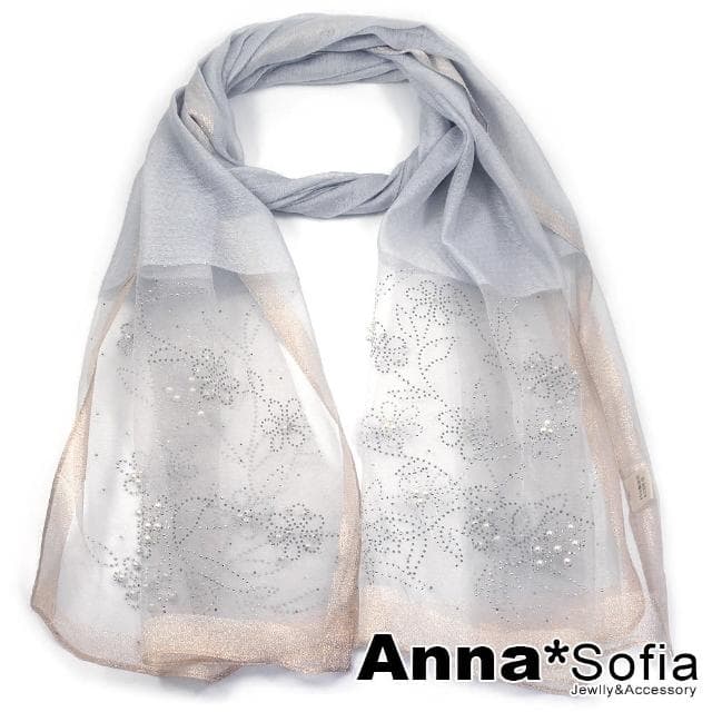 【AnnaSofia】真絲羊毛混紡大尺寸披肩絲巾圍巾-銀點花絮手工釘珠 現貨(灰系)