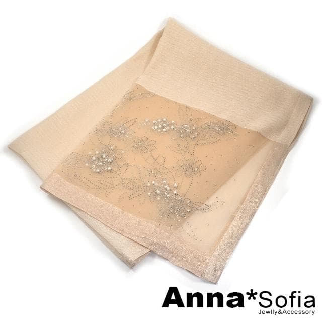 【AnnaSofia】真絲羊毛混紡大尺寸披肩絲巾圍巾-銀點花絮手工釘珠 現貨(杏系)
