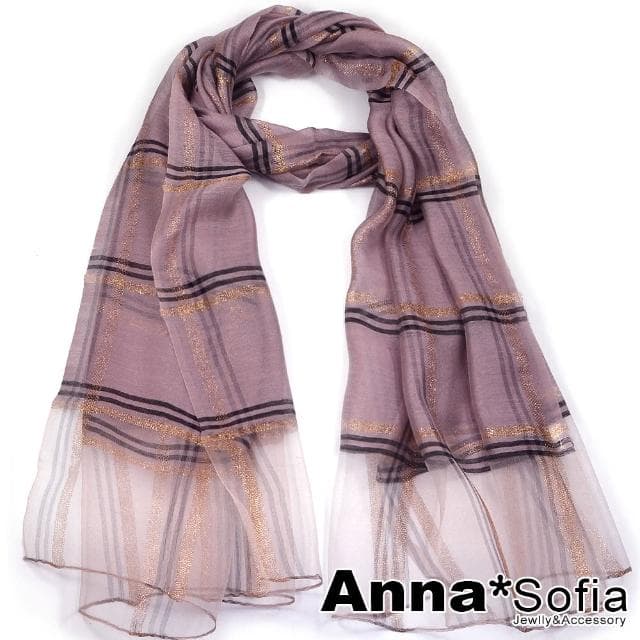 【AnnaSofia】真絲羊毛混紡大尺寸披肩絲巾圍巾-金絲線格紋 現貨(藕粉系)