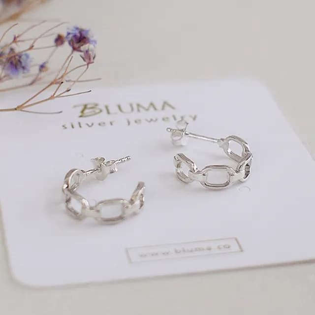 【BLUMA】925純銀耳環 圓圈耳環 個性小姐鎖鏈耳環(簡約百搭銀飾 鏤空小圓圈 飾品禮盒 )