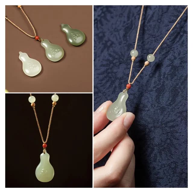 【LEESA】和田玉葫蘆項鍊\小掛件\手工項鍊\編織項鍊\編繩項鍊\禮物\招財納福\送長輩\項鍊\玉項 