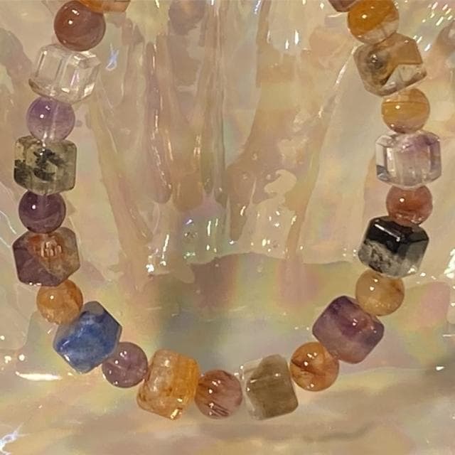 【Penny珮妮】巴西幽靈彩髮晶極光膠花天然多寶方糖手鍊7mm(母親節/送女友/送閨蜜/生日禮物/情人節)