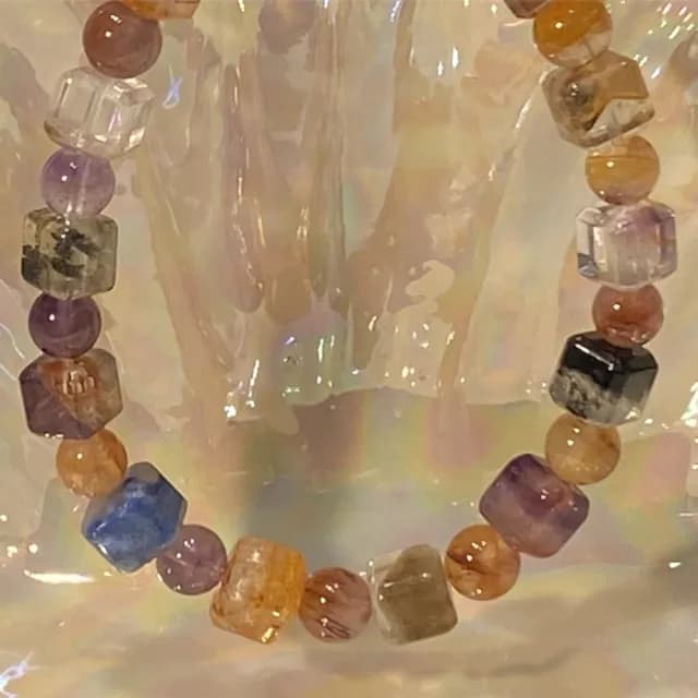 【Penny珮妮】巴西幽靈彩髮晶極光膠花天然多寶方糖手鍊7mm(母親節/送女友/送閨蜜/生日禮物/情人節)
