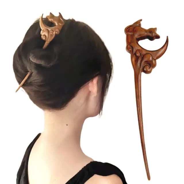 【質感禮物】金絲檀木復古立體望月貓髮簪(髮插 盤髮神器 髮飾 髮釵 漢服頭飾 旗袍 丸子頭 包包頭 編髮)