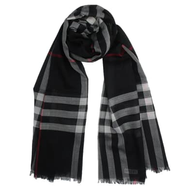【BURBERRY 巴寶莉】經典格紋羊毛絲綢披巾/圍巾(海軍藍/深藍)