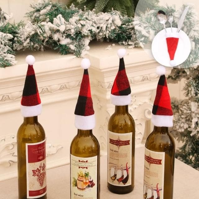 【橘魔法】（10入）迷你聖誕酒瓶套(裝飾品 帽套 酒瓶蓋 耶誕 餐具袋 餐具套 餐桌 廚房 晚宴 聖誕節禮物)