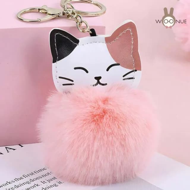 【WOONUE】高品質貓咪皮革絨毛球金桃花動物鑰匙圈扣掛飾(兒童女兒情人節朋友愛貓婚禮小物生日禮物)
