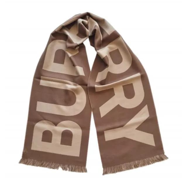 【BURBERRY 巴寶莉】經典LOGO 奶茶色 卡其色 撞色 純羊毛 流蘇尾巴 圍巾(冬季送禮首選單品)