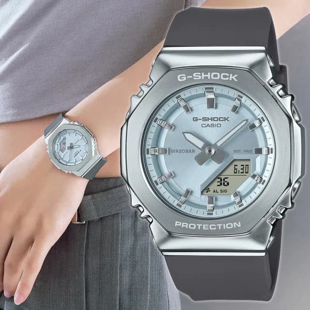 【CASIO 卡西歐】G-SHOCK 淡雅金屬質感八角髮絲紋雙顯錶 禮物 雙11(GM-S2110-2A)