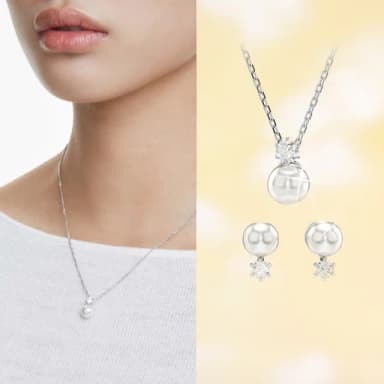 【SWAROVSKI 官方直營】Matrix 套裝 水晶珍珠 圓形切割 白色 鍍白金色 交換禮物(情人節禮物)
