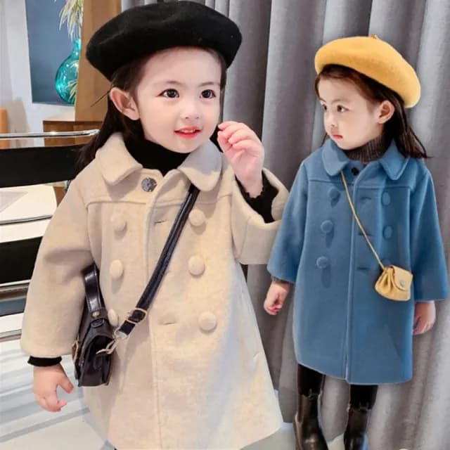 【橘魔法】氣質素色雙排扣翻領毛尼長袖外套(長袖外套 大衣 厚外套 女童 兒童 中童 童裝)