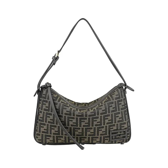 【FENDI 芬迪】FENDI Simply經典雙F字LOGO緹花帆布拉鍊斜背/肩背包(中/褐x棕)