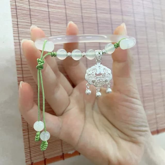 【LEESA】情人節禮物 白玉髓手鐲\鈴鐺手鐲\純銀手鍊\手鐲\平安鎖手鍊\玉手鍊\招財手鍊\保平安\編織手鍊\小