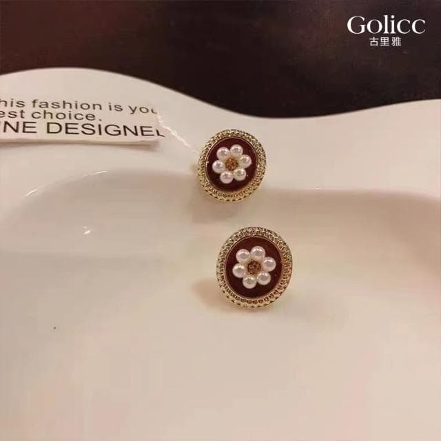 【Golicc】復古金邊珍珠花朵耳環(母親節 生日 情人節 飾品 耳釘 耳飾 耳墜 禮物)