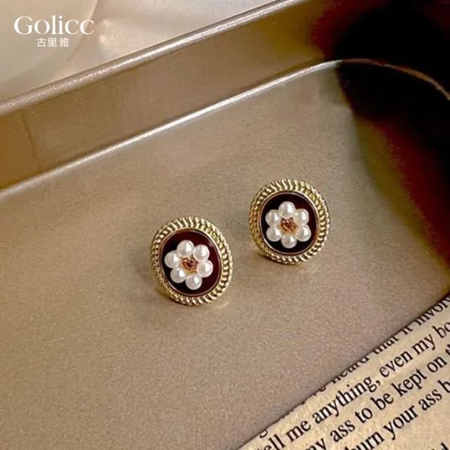 【Golicc】復古金邊珍珠花朵耳環(99購物限定 生日 飾品 耳釘 耳飾 耳墜 禮物)