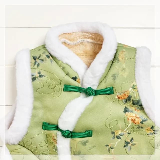 【橘魔法】中國風花紋毛毛領刷毛背心(大童 加厚 新年 過年 大紅 背心 馬甲 唐裝 旗袍背心 女童 兒童 童裝)