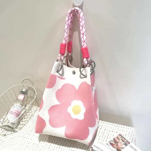 【穿搭單品】樂開花日系毛線編織手提包(大容量 單肩包 托特包 手拎包 水桶包 生日禮物 粉 