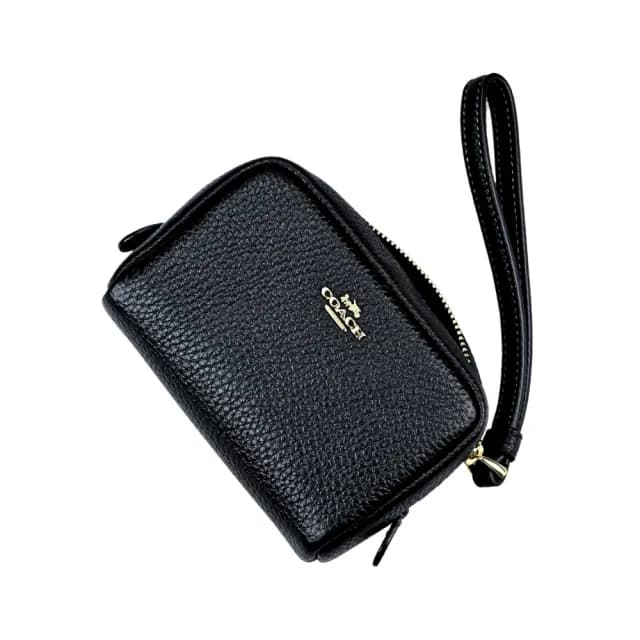 【COACH】黑色荔枝紋金屬馬車LOGO手掛零錢包