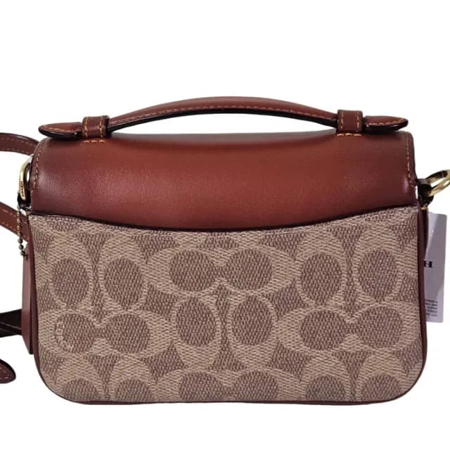 【COACH】CASSIE 17 經典 SIGNATURE 帆布雙背帶斜背手袋(咖啡荖花/贈原廠防塵袋紙袋七夕情人節)