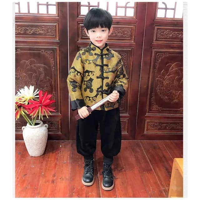 【橘魔法】古風圖騰上衣棉襖+縮口褲(套裝 褲子 拜年服 大紅 過年 新年 唐裝 漢服 中國風 男童 兒童 童裝)