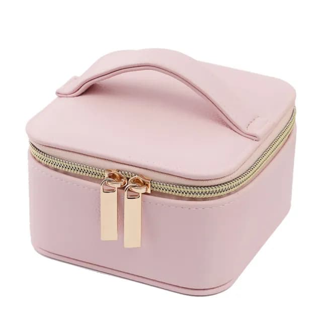 【行動收納】粉色皮革手提飾品盒(防塵防潮 新秘 旅行 首飾盒 珠寶 項鏈 戒指 耳飾品 展示盒 手鐲盒)