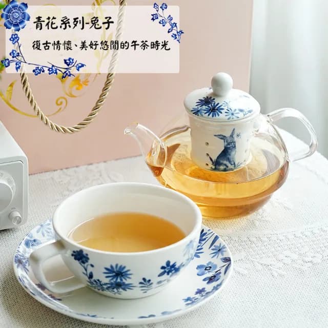 【沐森活】青花瓷兔子造型子母壺禮盒(一杯一壺一盤/泡茶器/下午茶具/茶壺)