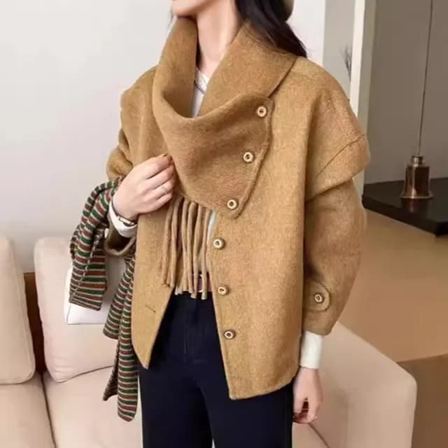 【巴黎精品】現貨+預購 羊毛大衣毛呢外套(保暖可拆卸流蘇圍巾小個子可愛女外套4色a1ik8)