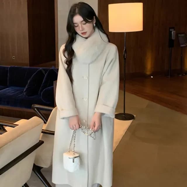 【巴黎精品】現貨+預購 羊毛大衣毛呢外套(保暖狐狸毛圍巾韓版寬鬆圓領法式女外套3色a1ik43)