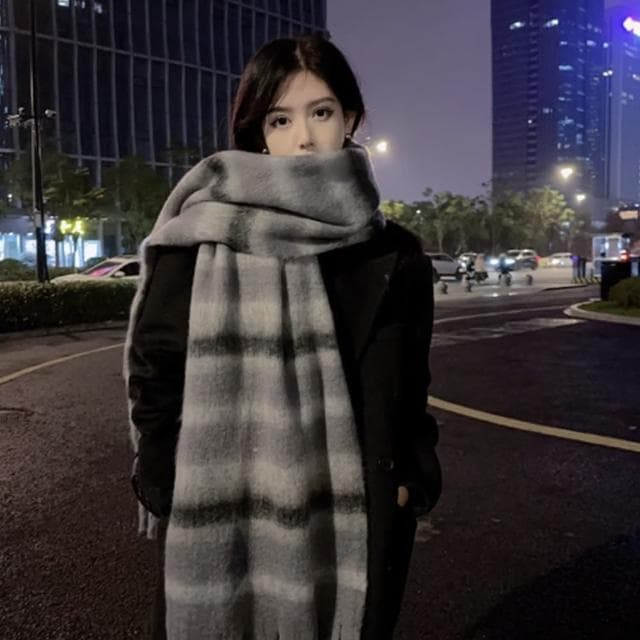 【Mass】羊絨格紋保暖流蘇圍巾 冬季防寒兩用圍脖 披肩