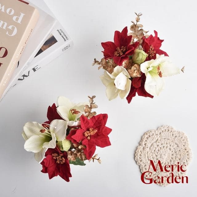 【Meric Garden】高仿真台灣手工限定白雪聖誕紅小盆栽1入組(人造聖誕 聖誕裝飾 聖誕禮盒 交換禮物)